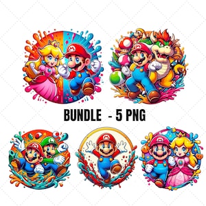 Super Mario Splash Art PNG Bundle: Mario, Luigi, Peach, Bowser (Digital Download)