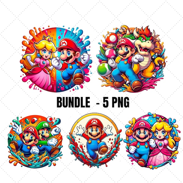 Super Mario Bundle 5 Png, Mario Characters Digital Png, Princess Peach, Luigi, Bowser, Splash art, PNG file for sublimation,Mario Clipart