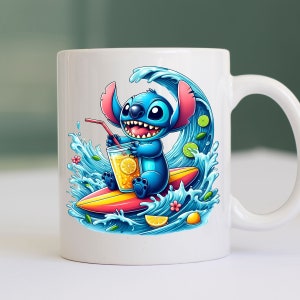 May include: A white ceramic mug with a blue cartoon character surfing on a wave. The character is holding a glass of lemonade and has a happy expression. The mug has a blue, green, and yellow design.