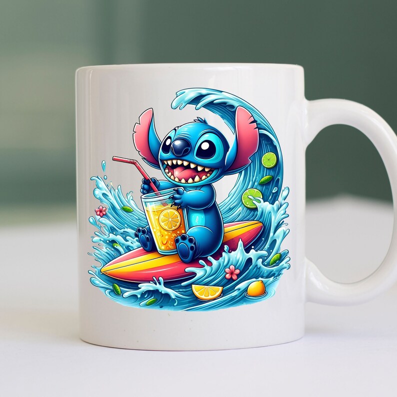 May include: A white ceramic mug with a blue cartoon character surfing on a wave. The character is holding a glass of lemonade and has a happy expression. The mug has a blue, green, and yellow design.