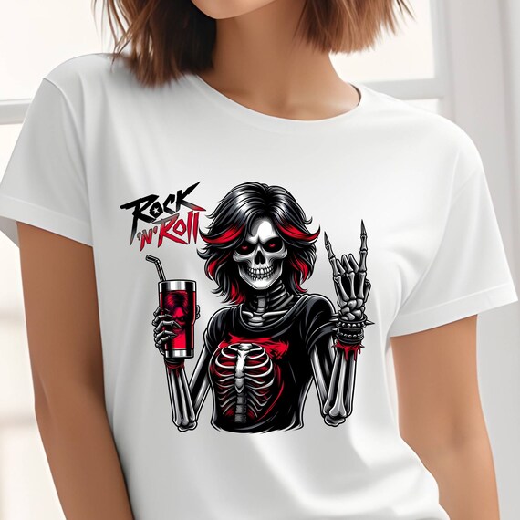 T-Shirt Donna Con Teschio Di Scheletro Che Suona La Chitarra Rock - Foto 11