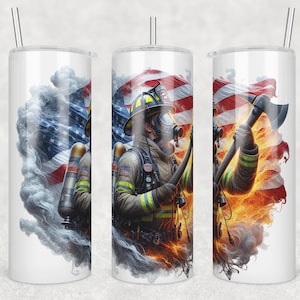 May include: A white tumbler with a design of a firefighter holding an axe in front of an American flag with flames. The firefighter is wearing a helmet and a gas mask.