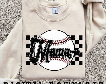 Checkered Baseball Mama PNG: Retro Distressed Design (Digital Download)
