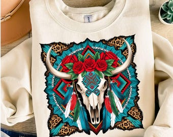 Aztec Bull Skull PNG: Western Roses, Leopard Print (Digital Download)