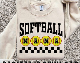 Checkered Softball Mama PNG: Retro Distressed Design (Digital Download)