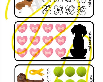 Może przedstawiać: Trzy drukowalne karty z aktywnościami z ilustracjami psów. Pierwsza karta przedstawia beagle'a z żółtą linią wyznaczającą ścieżkę przez siatkę naklejek z plastrami. Druga karta przedstawia sylwetkę psa z żółtą linią wyznaczającą ścieżkę przez siatkę różowych serc i przysmaków w kształcie kości. Trzecia karta przedstawia brązowego labradora z żółtą linią wyznaczającą ścieżkę przez siatkę zielonych piłek tenisowych. Tekst "toebeanbudgets" pojawia się na każdej karcie.