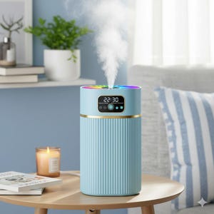 Op de afbeelding: Een lichtblauwe etherische olie diffuser met een digitale display met de tijd 22:30. De diffuser heeft een gouden band en een regenboogkleurige bovenkant. Het apparaat geeft een stroom stoom af.