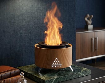 Volcano Flame Air Humidifier with Bluetooth Speaker, Essential Oil Diffuser & White Noise Machine, Zen Wood Design for Bedroom Yoga