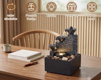 Mini Desktop Water Fountain Indoor Waterfall with Lights | Modern Zen Tabletop Decor for Office & Home | Relaxation Meditation Gift Idea