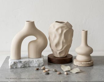 Set of 3 Boho Ceramic Vases - Modern Minimalist Donut Vase - Geometric Abstract Pottery - Nordic Scandi Home Decor - Hand-finished Aesthetic