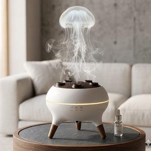 Puede incluir: Un difusor de aromas blanco y redondeado con tres patas de madera, que emite una nube de vapor translúcida con forma de medusa desde sus rejillas superiores. El dispositivo tiene una franja de luz horizontal y botones de control, junto a un frasco.