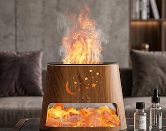 XMSJ 260ml Flame Air Humidifier & Salt Rock Essential Oil Diffuser | Ultrasonic Aroma Diffuser with Remote Control | Cozy Bedroom Zen Gift