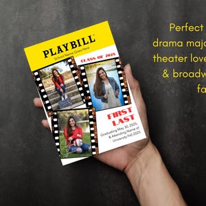 Plantilla editable de anuncio de graduación para escuelas secundarias, universidades, teatro, Broadway, artes musicales y más.