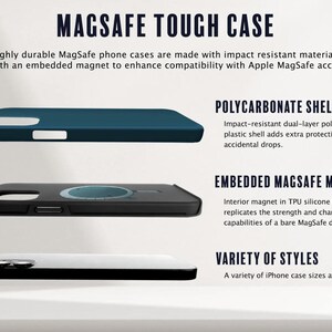 May include: Image of MagSafe Tough Cases. The image shows three phone cases: a dark blue case, a black case with a circular design, and a white case. The cases are made with impact-resistant materials and have an embedded magnet.