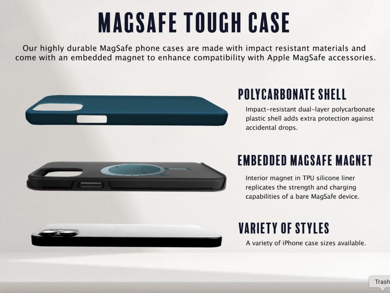 May include: Image of MagSafe Tough Cases. The image shows three phone cases: a dark blue case, a black case with a circular design, and a white case. The cases are made with impact-resistant materials and have an embedded magnet.