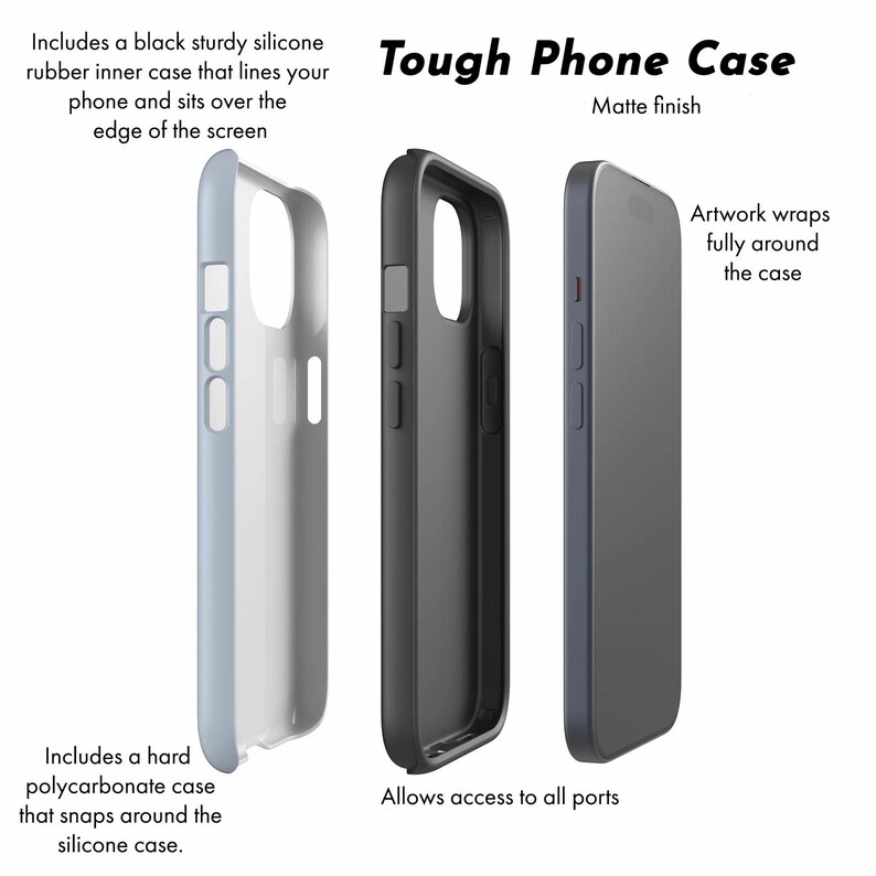 May include: A tough phone case with a matte finish, shown in three parts. The case includes a black silicone rubber inner case, a hard polycarbonate outer case, and a fully assembled case. The design allows access to all ports and wraps around the phone.