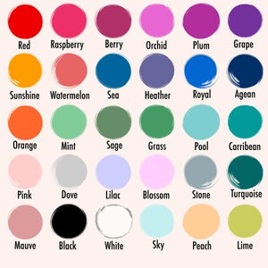 May include: A color palette featuring 30 different colors, each displayed as a circle with a corresponding name underneath. Colors range from red, orange, and yellow to blues, greens, and purples, including names like "Raspberry," "Sea," and "Blossom."