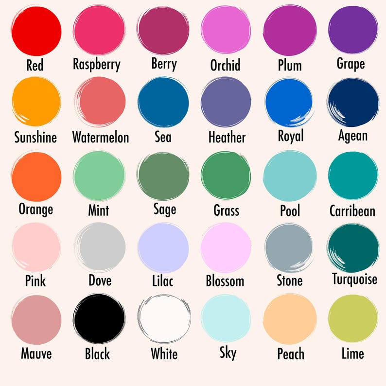 May include: A color palette featuring 30 different colors, each displayed as a circle with a corresponding name underneath. Colors range from red, orange, and yellow to blues, greens, and purples, including names like "Raspberry," "Sea," and "Blossom."