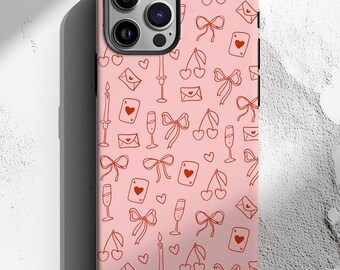 Coquette Phone Case, Bow Phone Cases, Coquette Doodle, Hearts Ace, Cherry Coquette, Pink Red, Compatible with iPhone, Samsung Galaxy