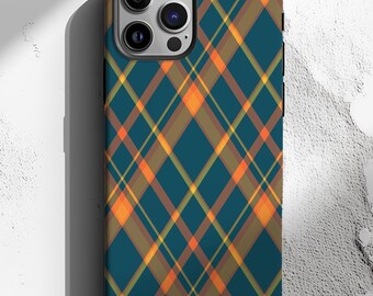 Plaid Phone Case, MagSafe Compatible, Tartan Plaid, Magnetic iPhone, Teal Orange Plaid, iPhone Air, Pro Max, Plus, 17 16 15 14 13 12 11