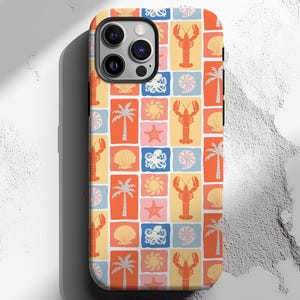 May include: A colorful phone case featuring a repeating pattern of marine life and tropical elements. The design includes orange lobsters, palm trees, seashells, starfish, octopuses, and suns, set against a backdrop of yellow, orange, pink, and blue squares.