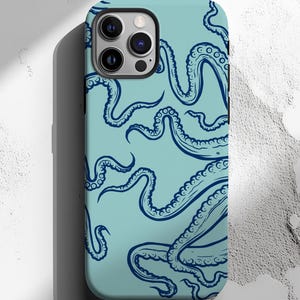 May include: A light blue phone case featuring a dark blue octopus tentacle design. The case has a glossy finish and a camera cutout. The octopus design is repeated across the entire surface of the case.