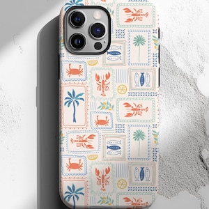 May include: A phone case with a repeating pattern of sea creatures and tropical elements. The design includes crabs, lobsters, fish, palm trees, and lemon slices in a vintage postage stamp style, with a cream background and blue, orange, and green accents.