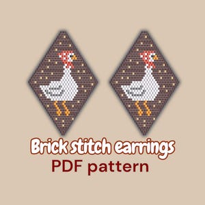 May include: Two diamond-shaped brick stitch earrings with a white chicken design, red comb, and yellow feet. The earrings are set against a brown background with a dotted pattern. Text reads "Brick stitch earrings PDF pattern."