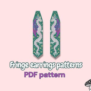 May include: Two beaded fringe earring patterns in a PDF pattern. The earrings are green with a white dragon design, purple wings, and yellow accents. The text "Fringe earrings patterns PDF pattern" is below the earrings.