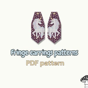 May include: Two beaded fringe earrings with a unicorn design. The earrings are purple and white, with a star pattern at the top. The text "Fringe earrings patterns PDF pattern" is below the earrings.