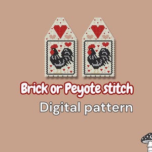 May include: Two beaded patterns with a rooster design, red hearts, and the text "Brick or Peyote stitch Digital pattern" on a tan background. The roosters are black and white with red accents. The patterns are symmetrical.