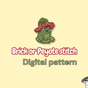 May include: A digital pattern featuring a beaded frog wearing a mushroom hat. The text "Brick or Peyote stitch" and "Digital pattern" are displayed in red and green, respectively. A mushroom logo is in the bottom right corner.