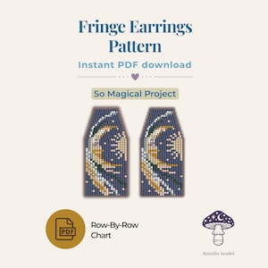 May include: A digital pattern for fringe earrings. The design features two beaded earring examples with a crescent moon and star motif in shades of blue, gold, and white. Text includes "Fringe Earrings Pattern" and "Instant PDF download".