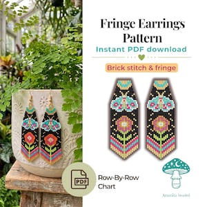 May include: Beaded fringe earrings with a floral and butterfly design, shown in a natural setting. The earrings have a black background with pink, orange, teal, and yellow accents. The text "Fringe Earrings Pattern" is visible.