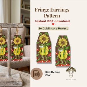 Modello di orecchini a frange con girasole e impermeabile a forma di rana, gioielli con perline Goblincore (download PDF)