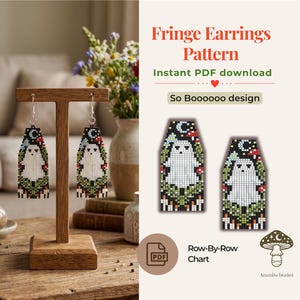 May include: A pair of beaded fringe earrings with a ghost design, displayed on a wooden stand. The earrings feature a white ghost with a black hat and a crescent moon, surrounded by green and red accents. The text "Fringe Earrings Pattern" is visible.