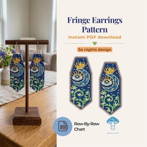 May include: Fringe earrings pattern instant PDF download, So nights design. The image displays a pair of beaded earrings featuring a blue crescent moon, a yellow sun, and green foliage, hanging on a wooden stand and shown as a flat graphic.