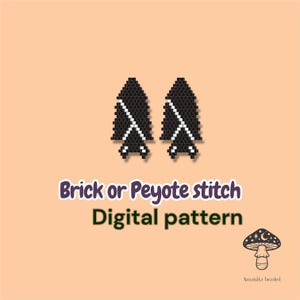 May include: Two black and white beaded arrow-shaped designs on a peach background. The text "Brick or Peyote stitch Digital pattern" is displayed in purple and green. A mushroom illustration is in the bottom right corner.