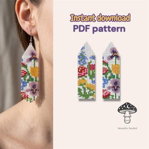 May include: Beaded floral earrings with a white background, featuring purple, red, yellow, and blue flowers. The image also shows a PDF pattern with the text "Instant download PDF pattern" and a mushroom illustration with the text "Amanita beaded."