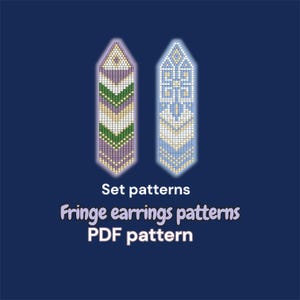 May include: Two digital PDF fringe earring patterns. One features a chevron design in purple, green, and gold. The other has a geometric pattern in blue, white, and gold. Text reads "Set patterns" and "Fringe earrings patterns PDF pattern."