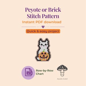 Peut inclure: Un patron PDF numérique pour le point Peyote ou Brick, représentant un chat blanc assis sur une citrouille d'Halloween. Le texte indique "Quick & easy project" et "Row-by-Row Chart". Le design comprend une illustration de champignon.