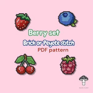 Puede incluir: Un fondo rosa presenta un patrón PDF "Berry set" con ilustraciones de cuentas de una fresa, un arándano, cerezas y una frambuesa. También se incluye el texto "Brick or Peyote stitch".