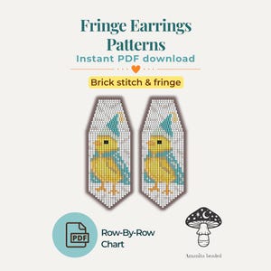 May include: A digital pattern for fringe earrings. The earrings feature a yellow chick design with blue accents. The text on the image says "Fringe Earrings Patterns" and "Instant PDF download". The earrings are made using brick stitch and fringe techniques.