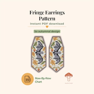 Pode incluir: Um padrão digital para brincos de franja com um motivo de morcego rodeado por folhas de outono em tons de laranja, amarelo e verde. O texto diz Fringe Earrings Pattern, Instant PDF download, So autumnal design e Row-By-Row Chart.