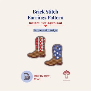 Puede incluir: Brick Stitch Earrings Pattern Instant PDF download. So patriotic design. Un gráfico digital que muestra dos diseños de botas vaqueras hechas de cuentas. Una bota tiene rayas rojas y blancas, la otra tiene una caña azul con estrellas blancas. Row-By-Row Chart.