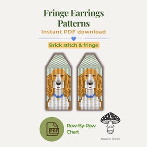 May include: A digital pattern for fringe earrings featuring a dog design. The image shows two beaded earring patterns with a dog's face, along with text that reads "Fringe Earrings Patterns" and "Instant PDF download". The pattern uses brick stitch and fringe techniques.