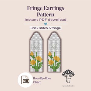 May include: A digital pattern for fringe earrings. The design features two earring templates with a white background and a floral design in yellow and green. The text reads "Fringe Earrings Pattern" and "Instant PDF download."