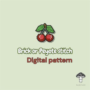 Könnte beinhalten: Ein digitales Muster mit einem Perlen-Kirsch-Design in Rot, Grün und Braun. Der Text "Brick or Peyote stitch Digital pattern" wird in Grün und Rot angezeigt. Eine Pilzillustration befindet sich in der unteren rechten Ecke.