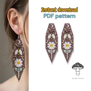 May include: Beaded earrings with a brown background, featuring a bee, daisy, and crescent moon design. The earrings are long and rectangular with a fringe at the bottom. The text "Instant download PDF pattern" is at the top.