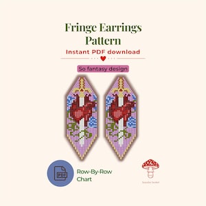 May include: A digital pattern for fringe earrings featuring a sword piercing a red heart, surrounded by blue and green floral elements on a light background. The text reads Fringe Earrings Pattern, Instant PDF download, So fantasy design, and Row-By-Row Chart.